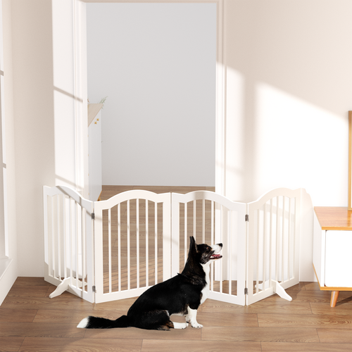 27.6" Tall Freestanding Wooden Pet Gate – Foldable 4-Panel Dog Safety