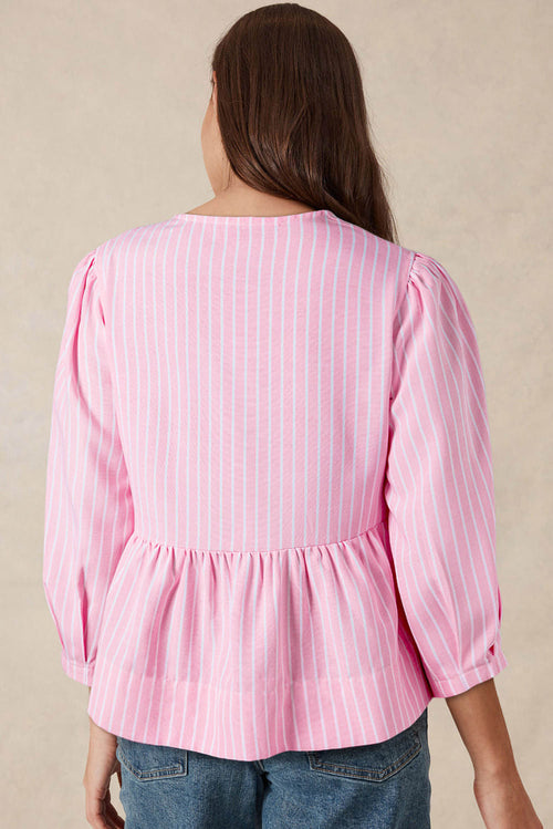 Blusa Rayas Rosa con Lazo y Manga Abullonada