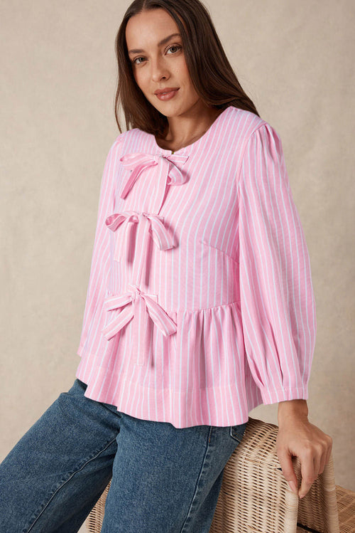 Blusa Rayas Rosa con Lazo y Manga Abullonada