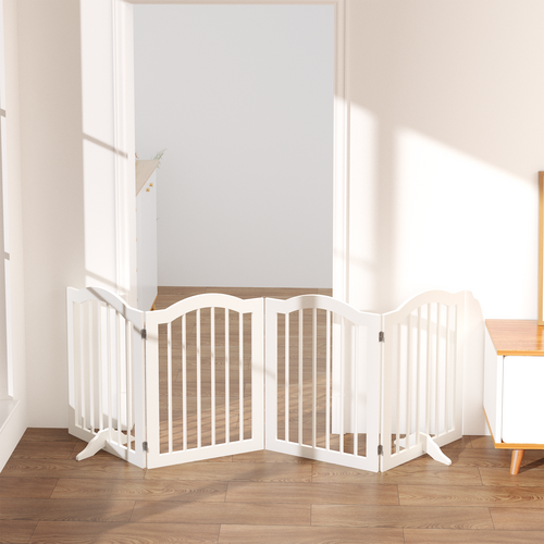 27.6" Tall Freestanding Wooden Pet Gate – Foldable 4-Panel Dog Safety