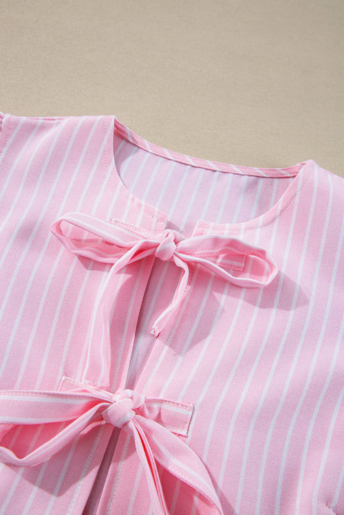 Blusa Rayas Rosa con Lazo y Manga Abullonada