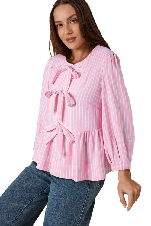 Blusa Rayas Rosa con Lazo y Manga Abullonada