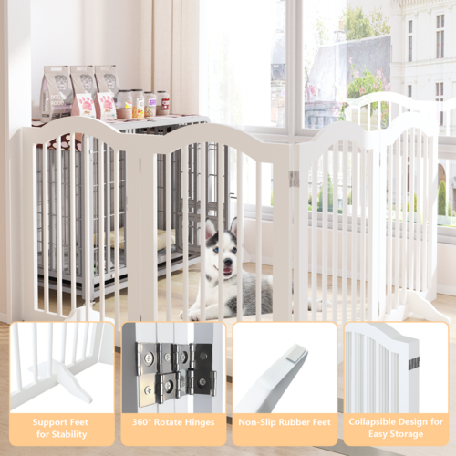 27.6" Tall Freestanding Wooden Pet Gate – Foldable 4-Panel Dog Safety