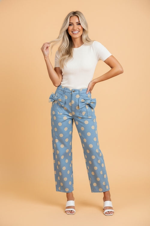 Jeans Barrel Leg Lunares con Lazo — Denim Tendencia