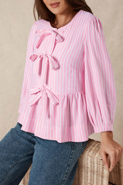 Blusa Rayas Rosa con Lazo y Manga Abullonada