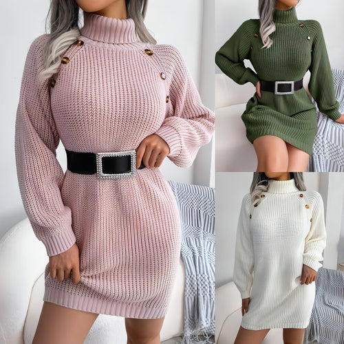 Vestido Jersey Cuello Alto con Botón — Invierno Elegante