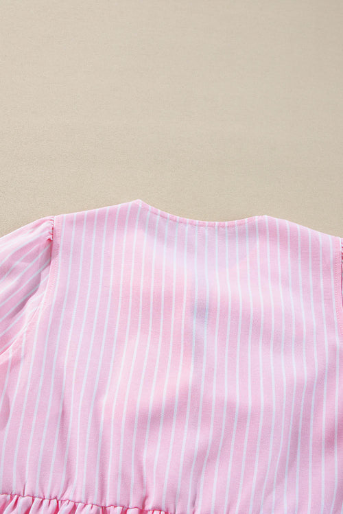 Blusa Rayas Rosa con Lazo y Manga Abullonada
