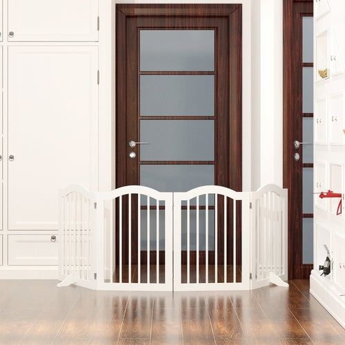 27.6" Tall Freestanding Wooden Pet Gate – Foldable 4-Panel Dog Safety